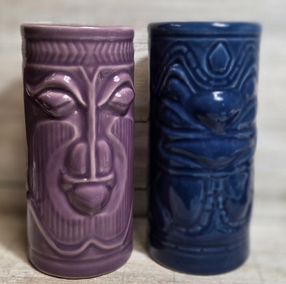 Hawaiian Tiki Mugs Big Al Artie Ceramic Pair Blue Purple 2001 Accoutrements